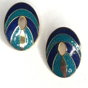 Earrings Pierced Enamel Oval Discs Blue Gold tone